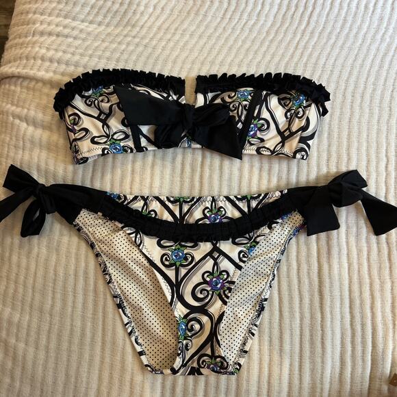 Y2K Betsy Johnson Primrose Top Bottom Ruffle Boudoir Bikini Set Medium Bow - Picture 1 of 10